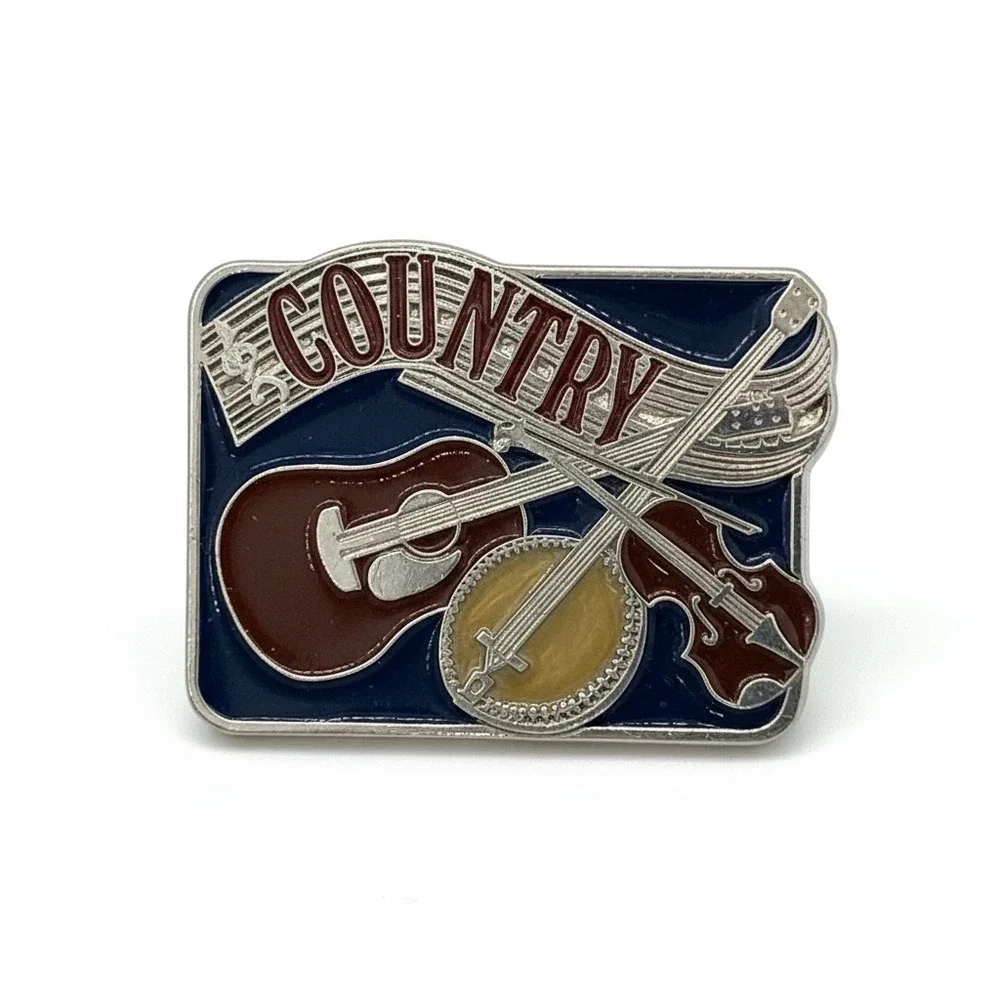 Vintage Country‎ Music Belt Buckle Guitar Banjo Fiddle Made in USA  Blue Enamel